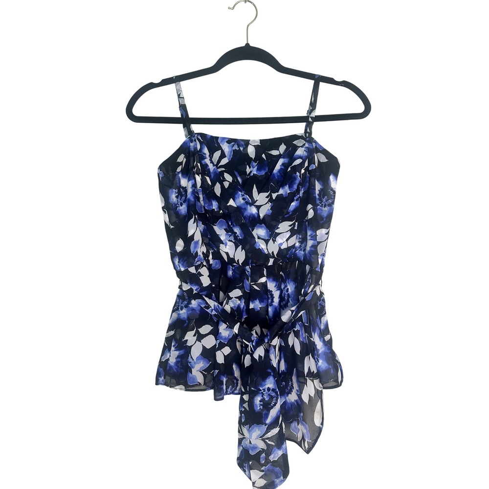 White House Black Market Blue Floral Peplum Pleated Top Blouse Size 2
